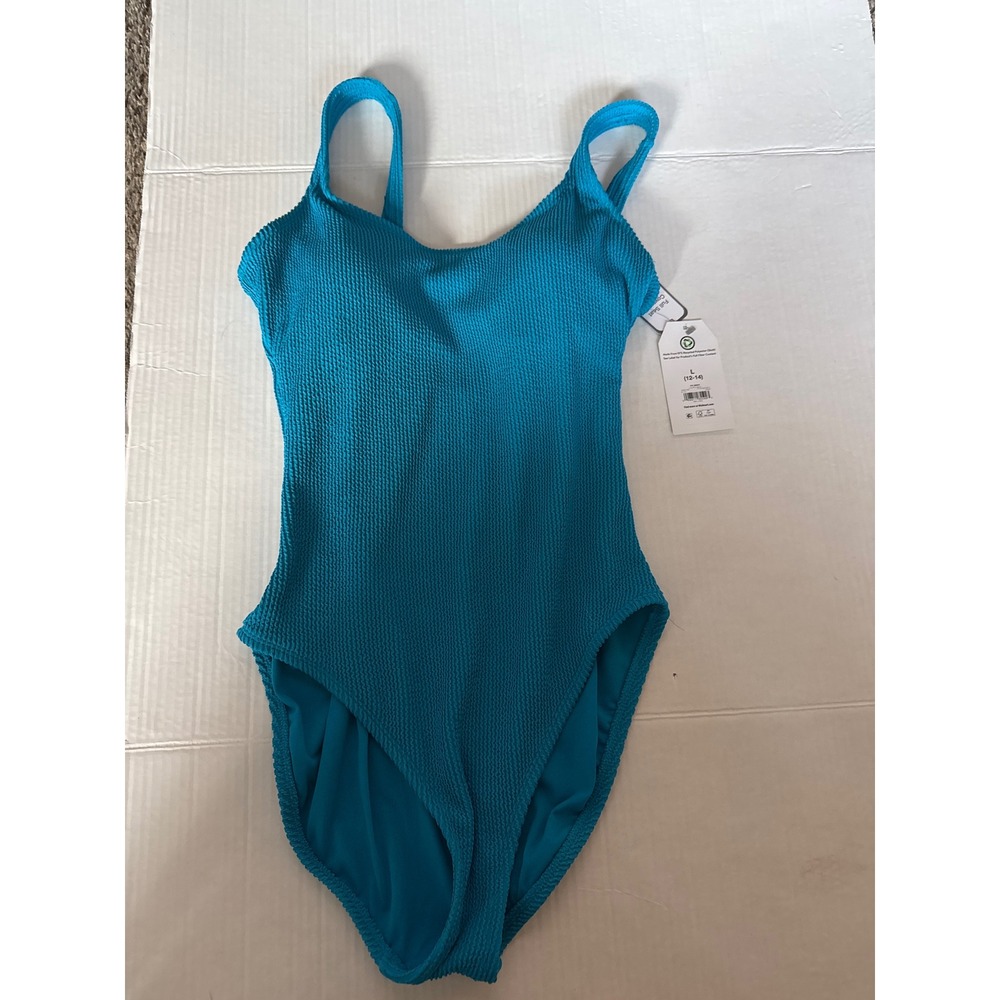 Time and Tru Women Calypso Blue Textured One Piece Swimsuit Crinkle L 12-14 NEW